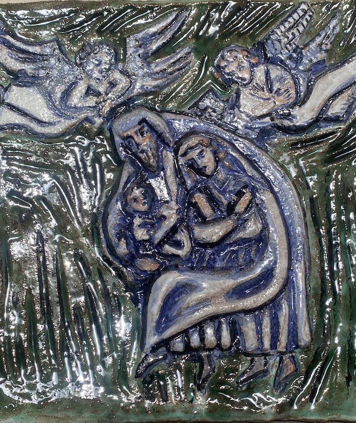 Belén en un cuadro muy sencillo con relieve y tonos azules-verdosos.